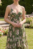 Dark Green Floral A Line Spaghetti Straps Maxi Dress with Ruffles