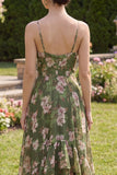 Dark Green Floral A Line Spaghetti Straps Maxi Dress with Ruffles