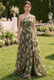 Dark Green Floral Ruffled Ruched A Line Maxi Dress with Slit