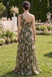 Dark Green Floral Ruffled Ruched A Line Maxi Dress with Slit