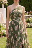 Dark Green Floral Ruffled Ruched A Line Maxi Dress with Slit