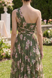 Dark Green Floral Ruffled Ruched A Line Maxi Dress with Slit