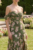 Dark Green Ruched A Line Maxi Floral Dress with Ruffles