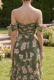 Dark Green Ruched A Line Maxi Floral Dress with Ruffles