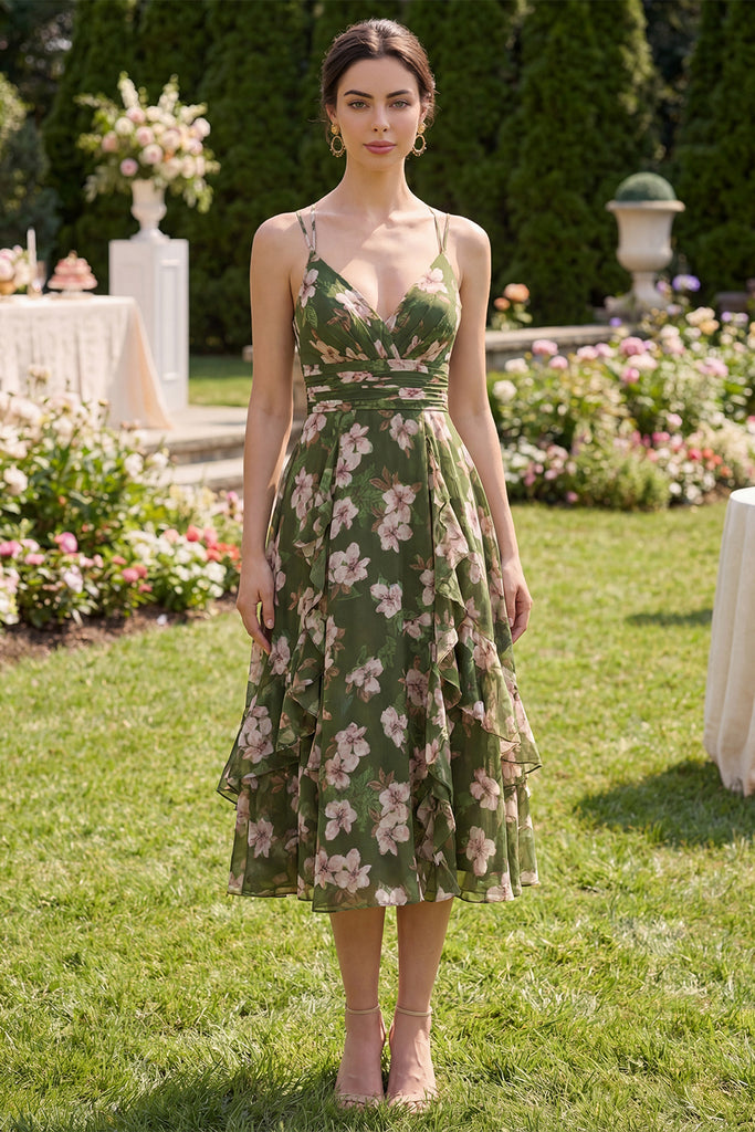 Zapaka Women Dark Green Floral Midi Dress Ruffled V-Neck A Line Ruched