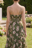 Dark Green Floral V-Neck A Line Ruched Midi Dress with Ruffles
