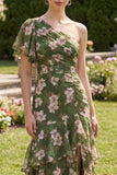 Dark Green Floral A Line Flutter Sleeves Maxi Dress with Ruffles