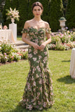 Dark Green Floral Mermaid Maxi Dress with Ruffles