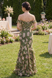 Dark Green Floral Mermaid Maxi Dress with Ruffles
