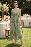 Dusty Green Ruched V-Neck High Low Floral Dress with Ruffles