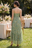 Dusty Green Ruched V-Neck High Low Floral Dress with Ruffles