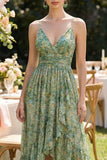 Dusty Green Ruched V-Neck High Low Floral Dress with Ruffles