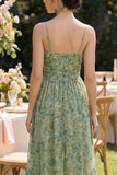 Dusty Green Ruched V-Neck High Low Floral Dress with Ruffles