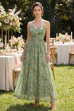 Dusty Green Spaghetti Straps Floral Ruched A Line Maxi Dress