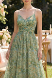 Dusty Green Spaghetti Straps Floral Ruched A Line Maxi Dress