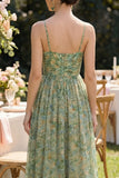 Dusty Green Spaghetti Straps Floral Ruched A Line Maxi Dress