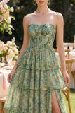 Dusty Green Strapless A Line Corset Maxi Floral Dress with Ruffles