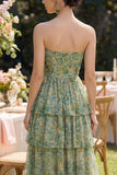 Dusty Green Strapless A Line Corset Maxi Floral Dress with Ruffles