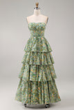 Dusty Green Strapless A Line Corset Maxi Floral Dress with Ruffles