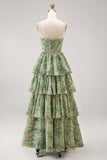 Dusty Green Strapless A Line Corset Maxi Floral Dress with Ruffles