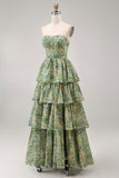 Dusty Green Strapless A Line Corset Maxi Floral Dress with Ruffles