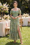 Dusty Green Ruched Puff Sleeves Floral A Line Maxi Dress with Slit