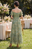 Dusty Green Ruched Puff Sleeves Floral A Line Maxi Dress with Slit