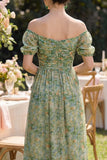 Dusty Green Ruched Puff Sleeves Floral A Line Maxi Dress with Slit