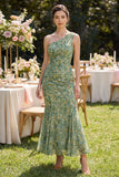 Dusty Green Ruched Mermaid One Shoulder Floral Maxi Dress