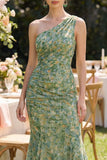 Dusty Green Ruched Mermaid One Shoulder Floral Maxi Dress