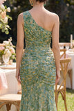 Dusty Green Ruched Mermaid One Shoulder Floral Maxi Dress