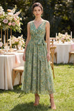Dusty Green Ruched V-Neck Floral A Line Midi Dress with Bow