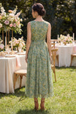 Dusty Green Ruched V-Neck Floral A Line Midi Dress with Bow