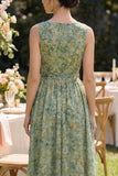 Dusty Green Ruched V-Neck Floral A Line Midi Dress with Bow