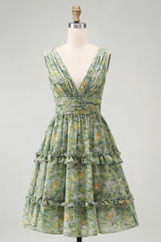 Dusty Green Ruched A Line V-Neck Floral Midi Dress with Ruffles