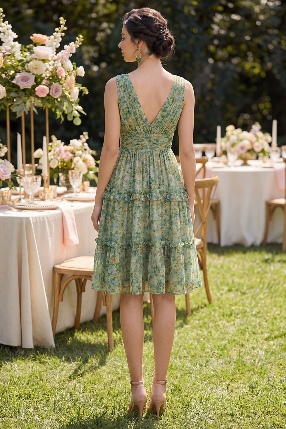 green emerald velvet dress Ditsy Floral Tie-Waist Tiered Midi Dress – La Boutique Dacula main image 1