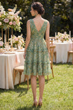 Dusty Green Ruched A Line V-Neck Floral Midi Dress with Ruffles