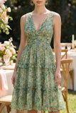 Dusty Green Ruched A Line V-Neck Floral Midi Dress with Ruffles