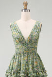 Dusty Green Ruched A Line V-Neck Floral Midi Dress with Ruffles