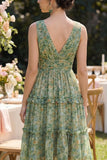 Dusty Green Ruched A Line V-Neck Floral Midi Dress with Ruffles
