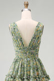 Dusty Green Ruched A Line V-Neck Floral Midi Dress with Ruffles