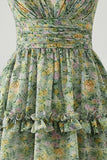 Dusty Green Ruched A Line V-Neck Floral Midi Dress with Ruffles
