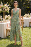 Dusty Green Sheath V-Neck High Low Floral Dress with Ruffles