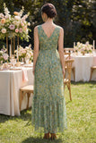Dusty Green Sheath V-Neck High Low Floral Dress with Ruffles