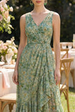 Dusty Green Sheath V-Neck High Low Floral Dress with Ruffles