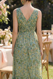 Dusty Green Sheath V-Neck High Low Floral Dress with Ruffles