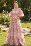 Off the Shoulder Pink Fuchsia A-Line Tulle Appliqued Long Floral Dress with Puff Sleeves