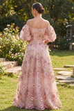 Off the Shoulder Pink Fuchsia A-Line Tulle Appliqued Long Floral Dress with Puff Sleeves