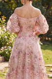 Off the Shoulder Pink Fuchsia A-Line Tulle Appliqued Long Floral Dress with Puff Sleeves