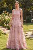 One Shoulder Pink Fuchsia A-Line Tulle Appliqued Ruched Long Floral Dress